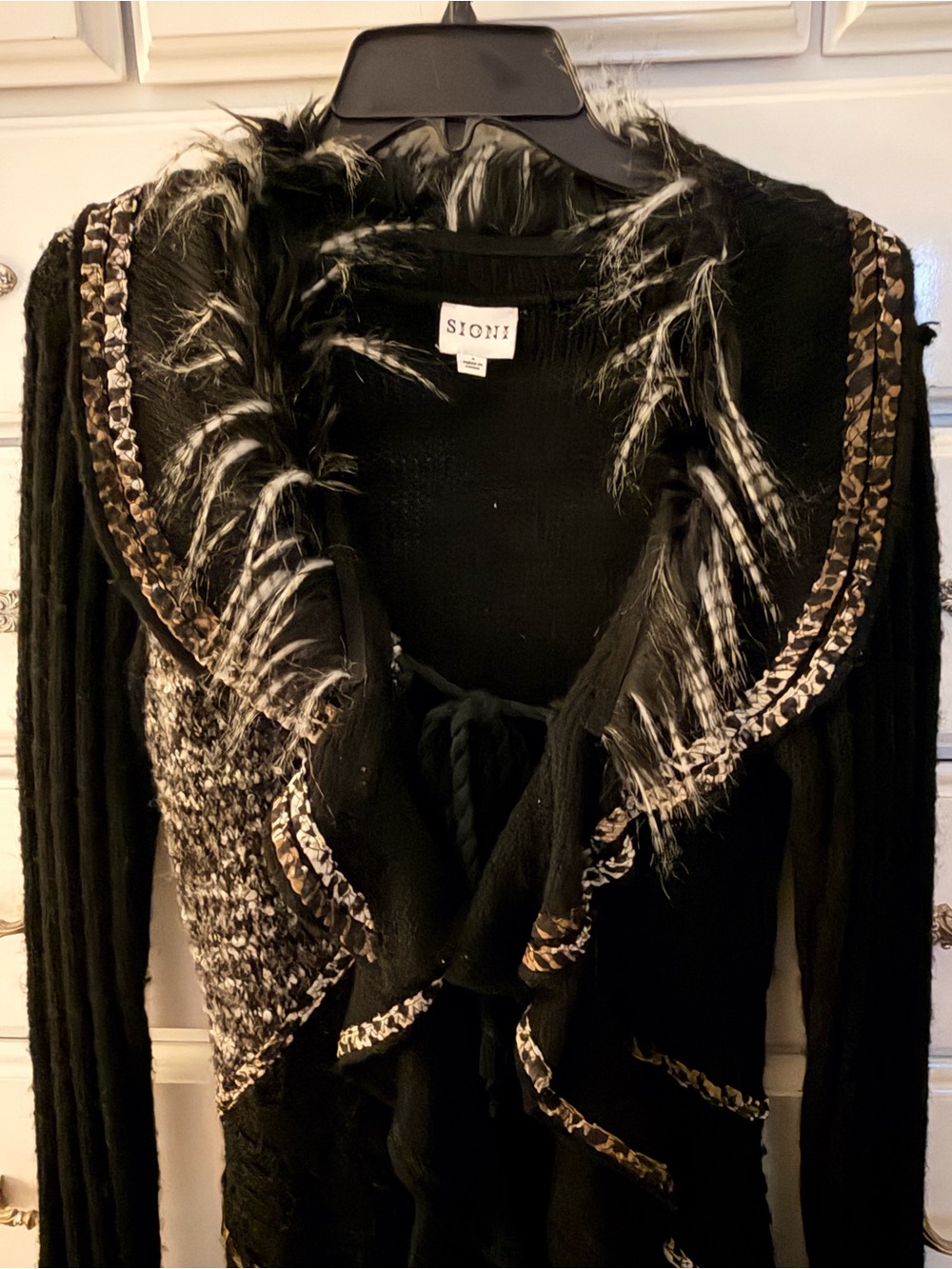 Sioni Boho Faux Fur & Animal print Trim Tie-Front Cardigan Sweater